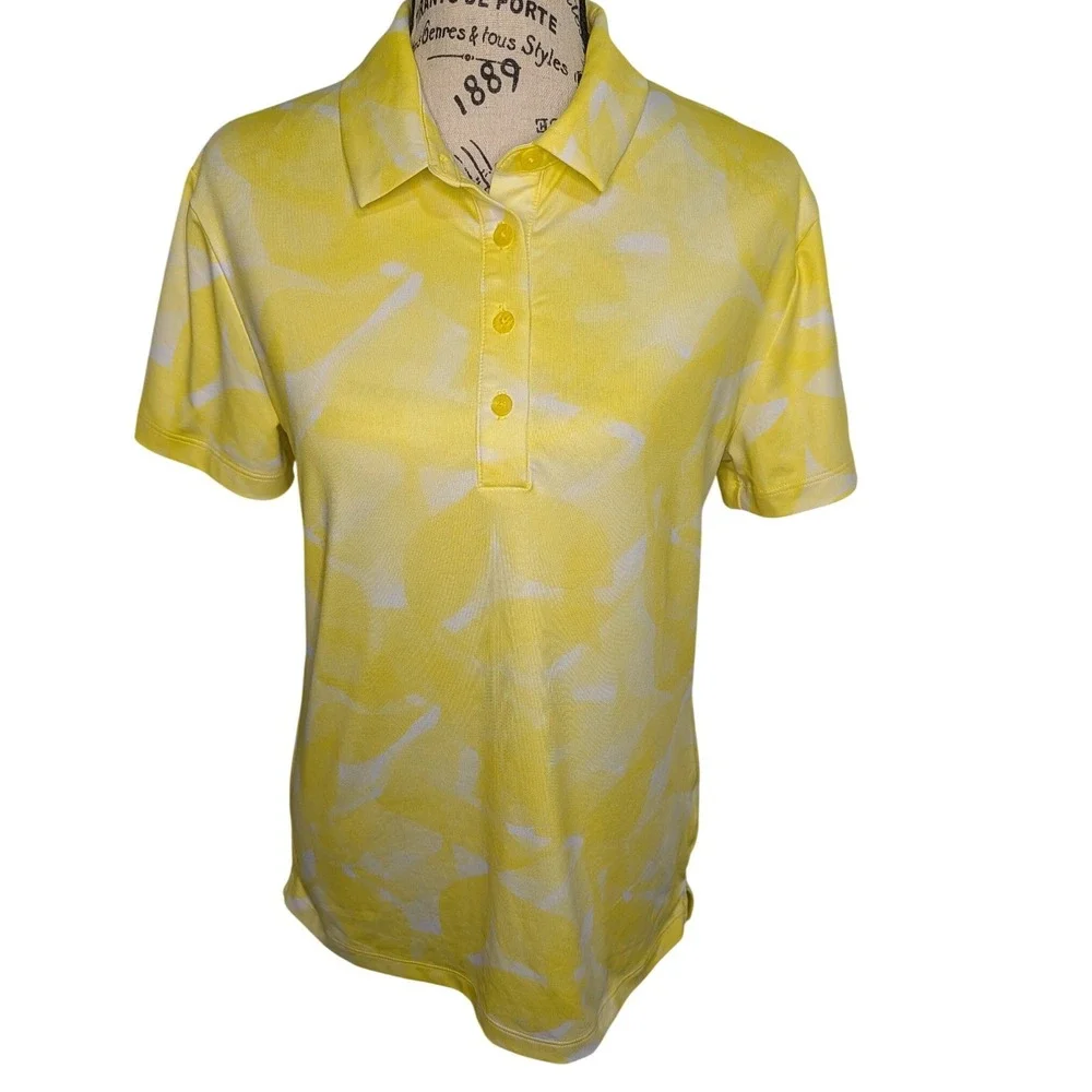 Nike Womens Dri-FIT Polo Shirt Yellow White Abstract‎ Print Golf Tennis Size S